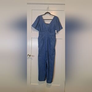 Old Navy Waist Defined Jumper Romper Chambray Denim Smocked Back Pockets Large
